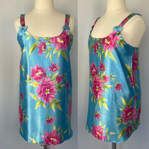 Short Slip Dress Size XL Blue Pink Floral Silky Satin Lingerie Sleep Feminine